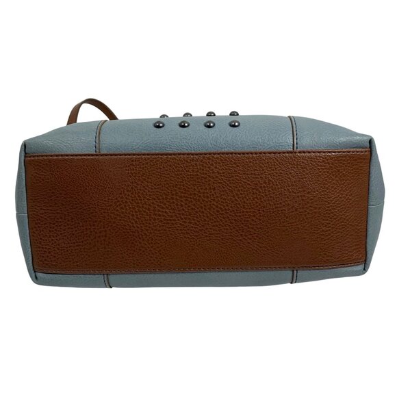 FOSSIL Dusty Blue & Brown Vegan Leather Studded Shoulder Crossbody Bag Tote - Picture 6 of 13